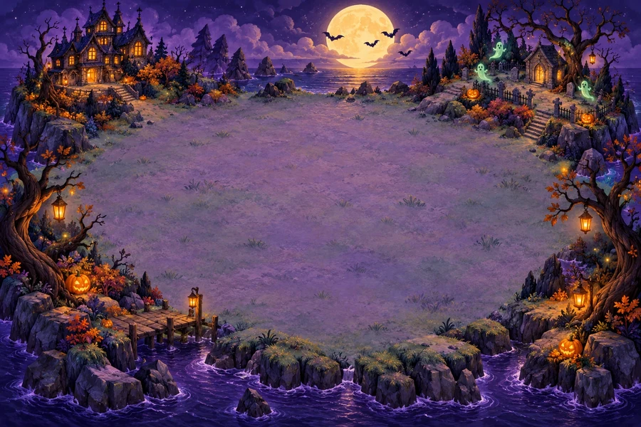 A moonlit island with pumpkins and friendly ghosts